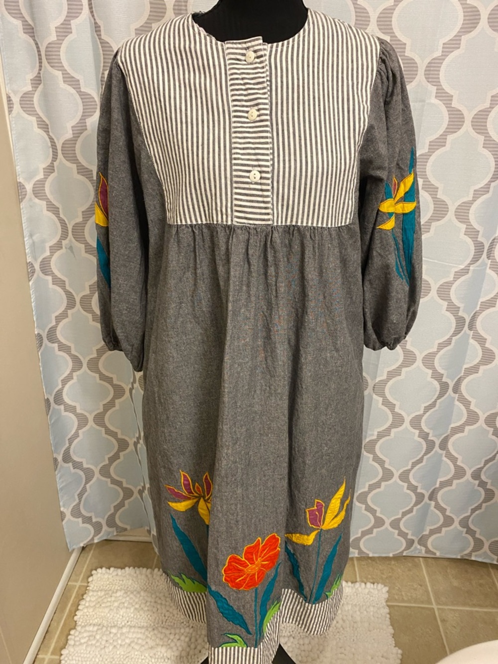 Striped Yoke Grey Floral Embroidered Smock Dress bold embroidery